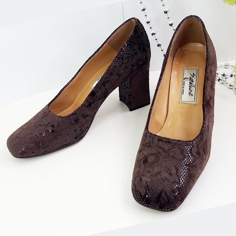 Vintage Signature🍂Brown Velvet Block Low Heel Pump☆Square Toe